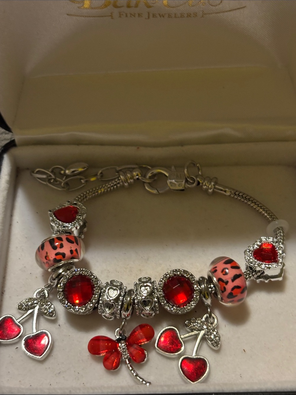 Silver Charm Bracelet with Red Hearts & Pink Leopard Beads